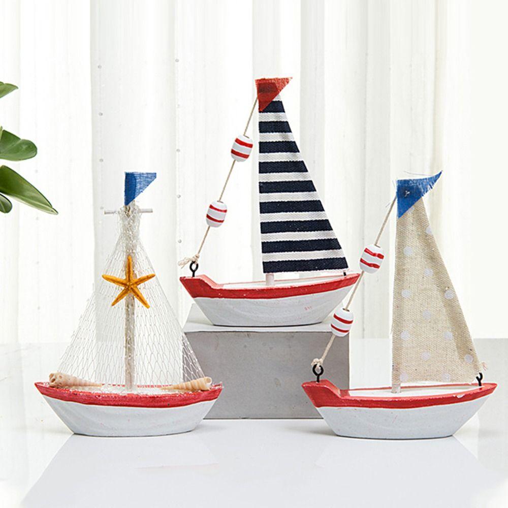 Wood Sailing Boat Model Mediterranean Style Miniature Boat Figurine  Office Room Livingroom