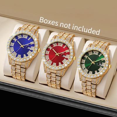 3PCS/Set Fashion Men Watches Luxury Rhinestone Roma Dial Quartz Watch Calendar Clock for Man Gifts Reloj Hombre