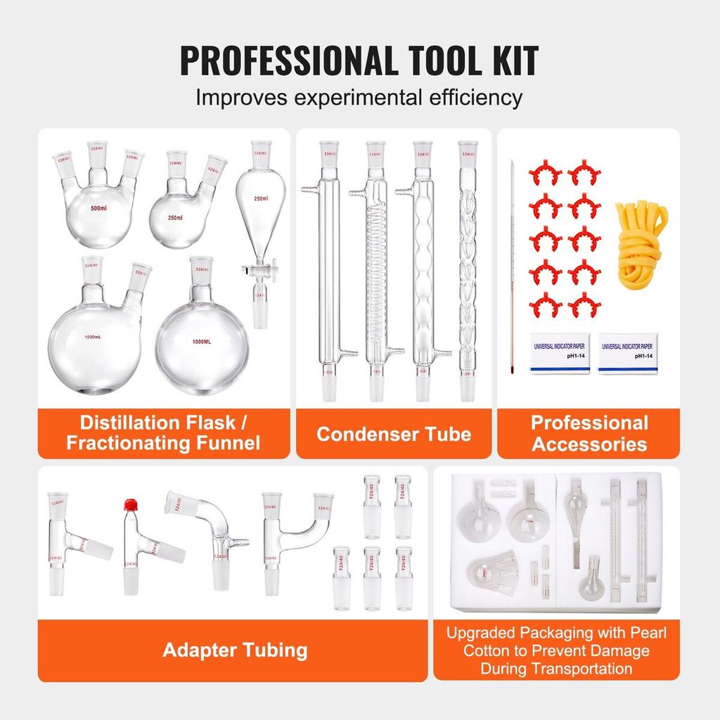 Lab Distillation Kit, 3.3 Boro Lab Glassware Distillation Kit with 24, 40 Joint, 1000ml Essential Oil Distillation Apparatus Kit, 32 pcs Set of