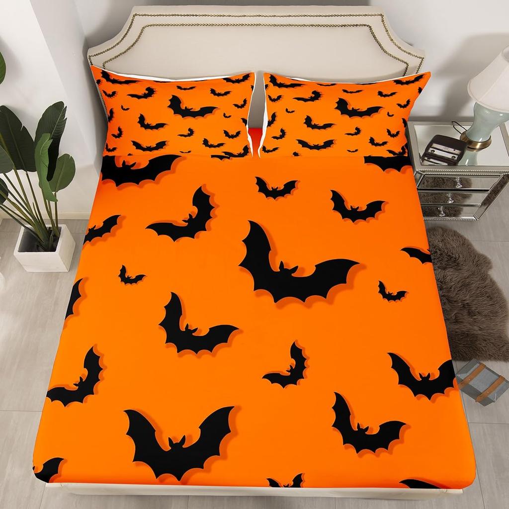 Gothic Spooky Bedding Set Pumpkin Lantern Cute Halloween Bed Sheets for Kids Boys Teens,Ghost Spiderwebs Fitted Sheet Black Cat Cobwebs Bats