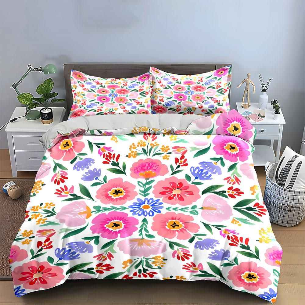 Floral Pattern Three-Piece Decor Set Bedding Set with 1 Duvet Cover 2 Pillowcases Single Double King Queen, Gift