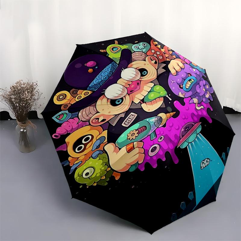 1pc Alien Invasion Automatic Opening/Closing Outdoor Umbrella with MIB Agent Design - Portable 3-Fold Folding Umbrella with 8-Rib Iron Frame, Per