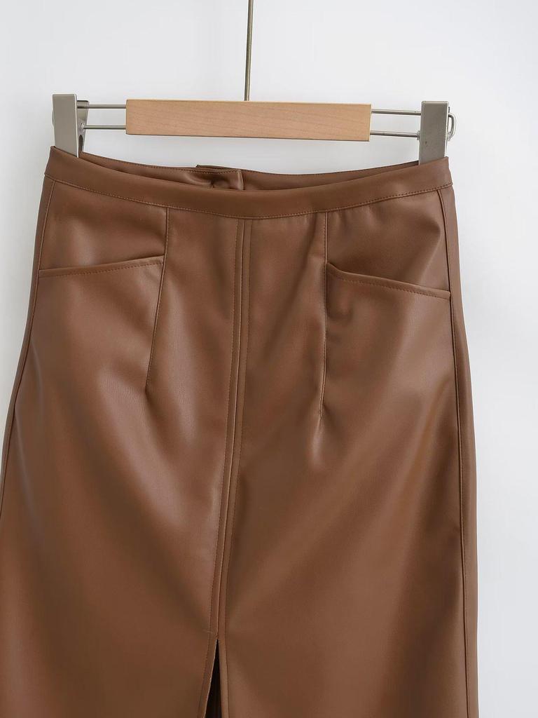 Slimming PU Leather High Slit Midi Skirt - Retro High Waist Hip-Hugging Style