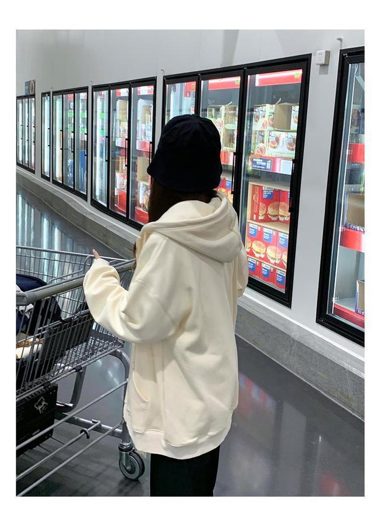 Heavyweight Large Fish Scale Oversized Milk Apricot Zipper Hoodie Cardigan for Women - Early Autumn Student Jacket