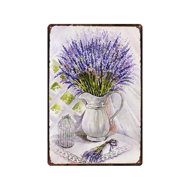 Trädgård Lavendel Metallplåtskyltar Plåt Lila Blomma Bondgård Plakett Väggkonst Hem Vintage Kaffeklubb Dekoration Vängåva