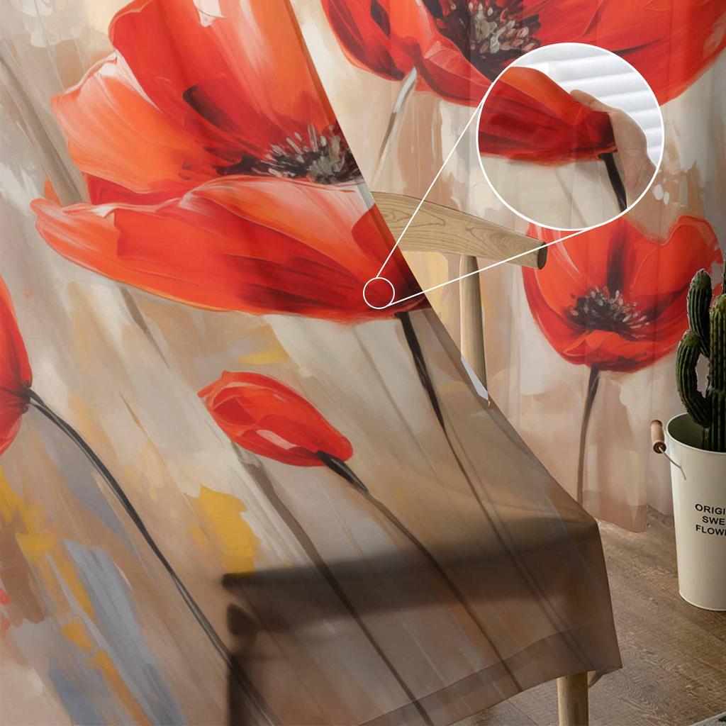 Spring Watercolor Hand-Painted Poppy Plant Tulle Window Curtains for Bedroom Luxury Home Drapes In Living Room Chiffon Panels