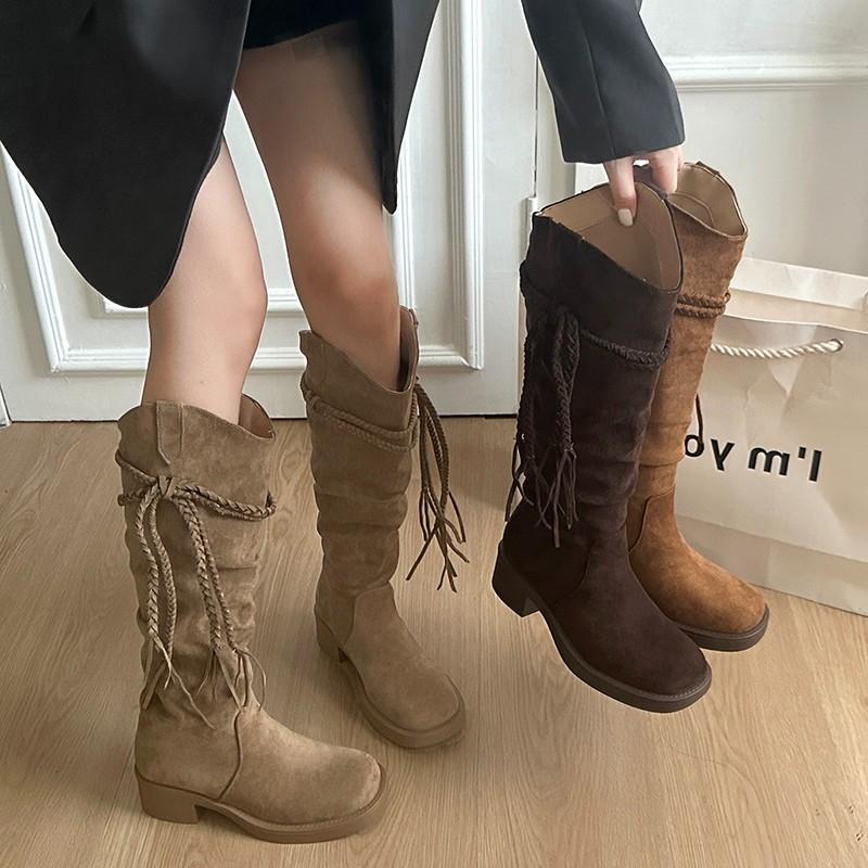 New Style Women's Winter Retro Fashion Style Fashion Boots Thick Heel Long Tube Slim Stacked Middle Tube Boots Zapatos Mujer