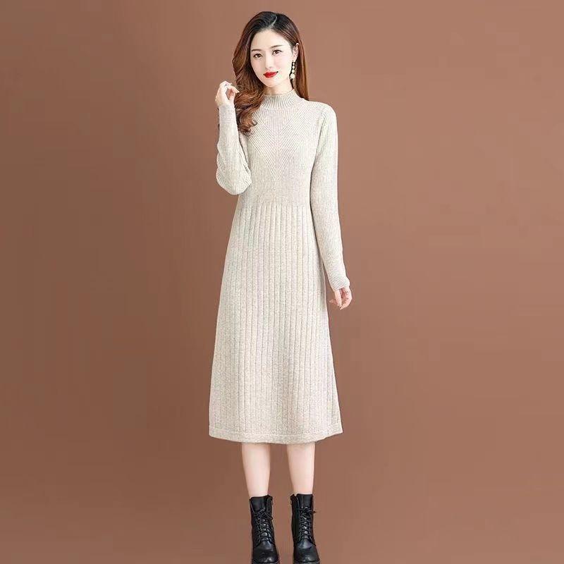 

Knee-length Knitted Dress for Women Solid Color Mid-length Sweater Autumn and Winter Top Half Turtleneck Pullover Trendy S бежевый