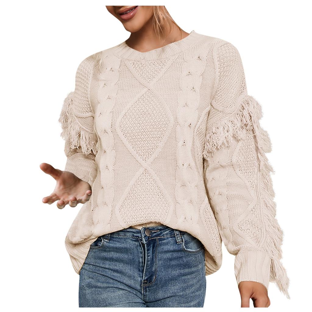 Women's Sweater Casual Round Neck Knit Solid Color Long-sleeved Tassel Pullover