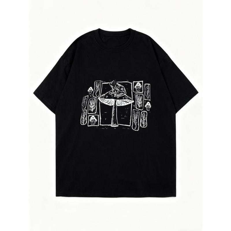 Oversized T Shirt Black Mushroom Art Print And Botanical Sketches Casual Streetwear For Women