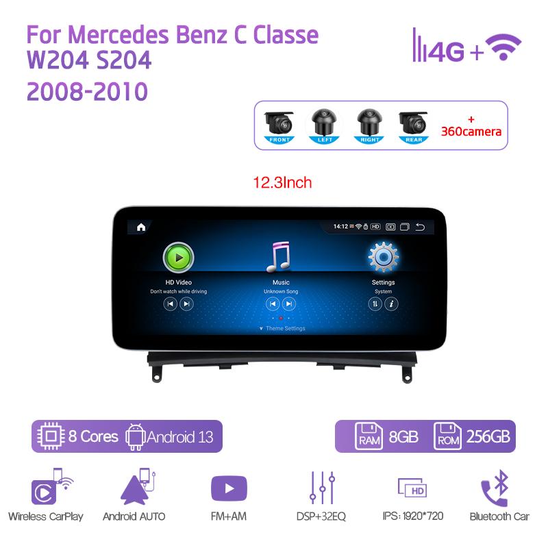 10.25/12.3" Android13 For Mercedes Benz C Classe W204 S204 2008-2010 Car Multimedia Player GPS Navigation CarPlay 4G 360Camera