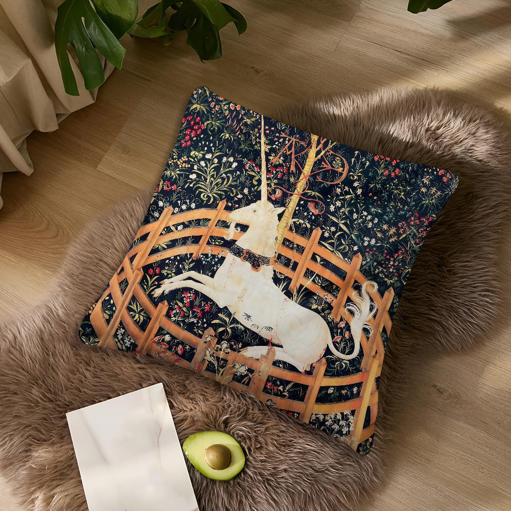 Vintage Medieval Unicorn Art Cushion Cover Pillowcase DoubleSided Printing Sofa Cushion Bedroom Bedside PillowCover