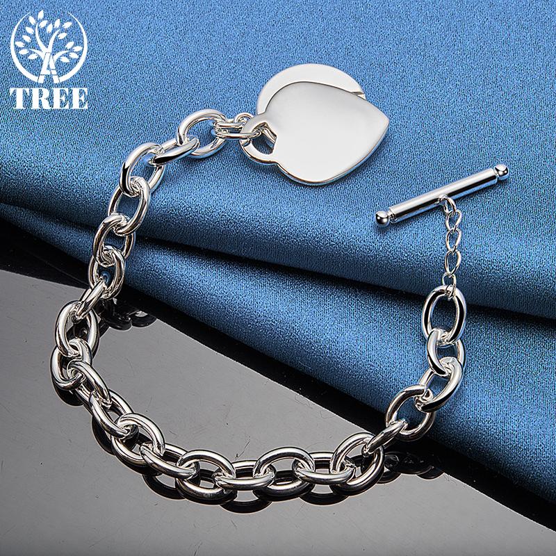 925 Sterling Silver Love Heart Pendant Bracelet Chain TO Buckle Jewelry