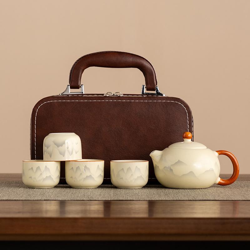 2025 New Huang Ru Kiln Travel Tea Set One Pot Four Cups Kung Fu Outdoor Portable Tea Drinking Tea Pot Tea Cup