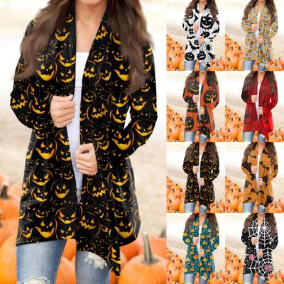 Women's Fashion Casual Halloween Print Medium Length Long Sleeves Cardigan Tops Coat