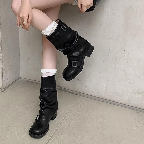 Cowhide version~ 2025 new western cowboy boots women's pleated stacking boots belt buckle medium tube boots trouser tube knight boots