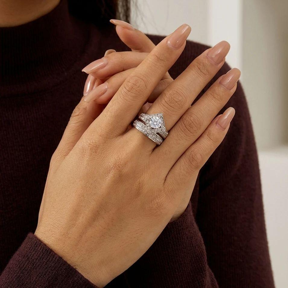 2Pcs Brilliant Square Zircon Promise Ring Set for Women Elegant Vintage Luxury Stackable Finger Ring Anniversary Party Jewelry