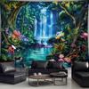 2D Mystical Jungle Waterfall Tapestry Enchanted Nature Wall Hanging