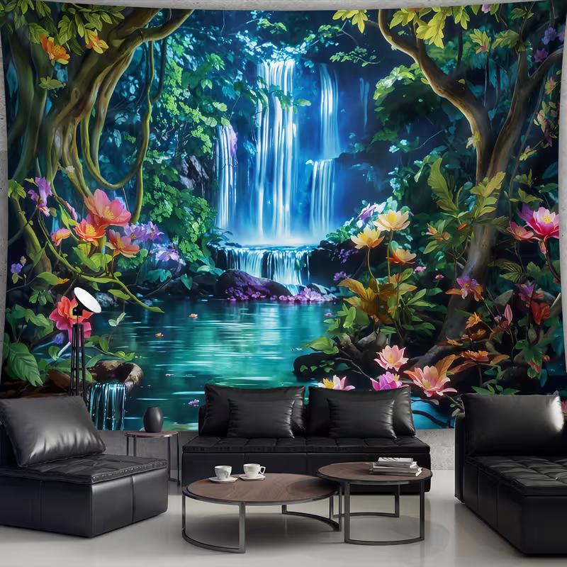 2D Mystical Jungle Waterfall Tapestry Enchanted Nature Wall Hanging