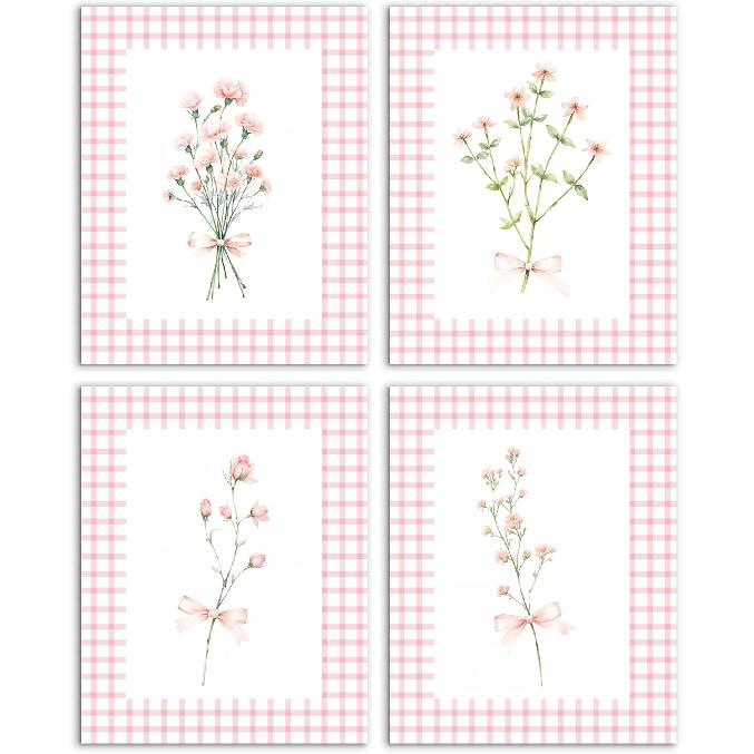MKIJUHB Blue Chinoiserie Floral Wall Art Decor, Flower Room Decor, Blue Stripes Preppy Hydrangea Peony Flowers Prints Wall Art Poster for Girls A-Floral Poster set of 4