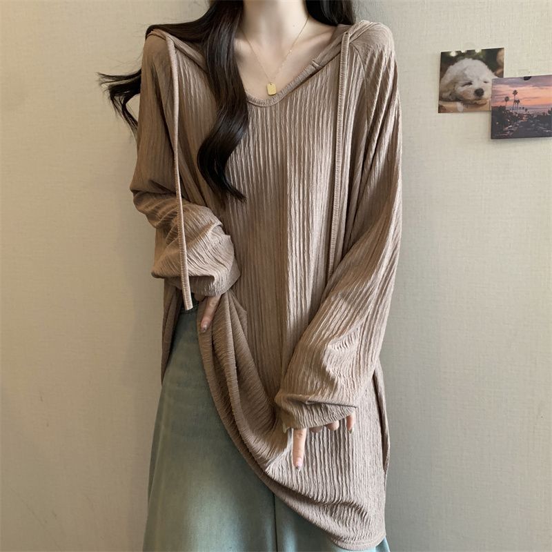 Women Trendy Simple Casual Oversize Hooded T-shirt Korean Solid V Neck Long Sleeve Tees Textured Chic Tunic Tops Female Clothing