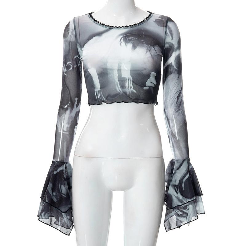Gothic Flare Sleeve See Through T-shirts Emo Lettuce Hem Sexy Streetwear Punk Aesthetic Print Y2k Mesh Women Crop Tops