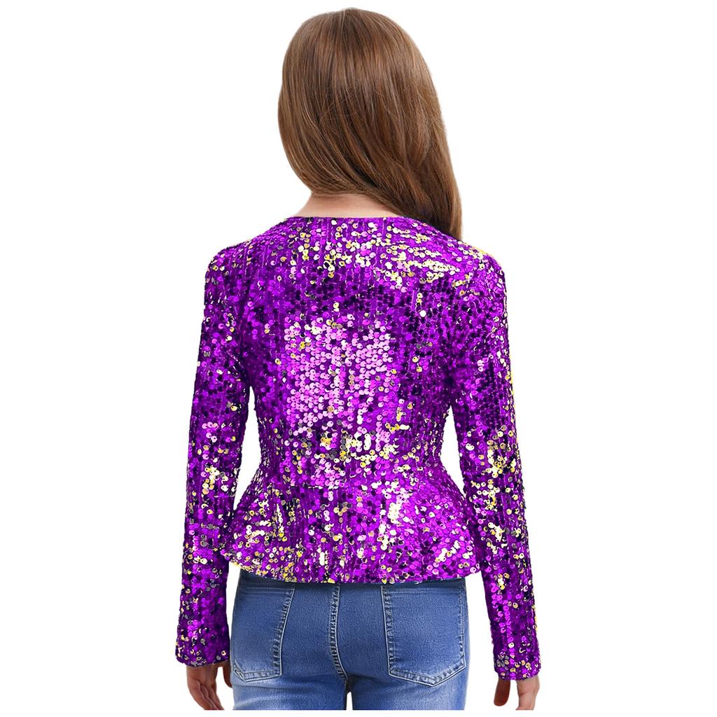 Mädchen Pailletten Strickjacke Oberteil Langarm Doppelreißverschluss Schößchen Design Cropped Jacke Geburtstagsparty Oberbekleidung