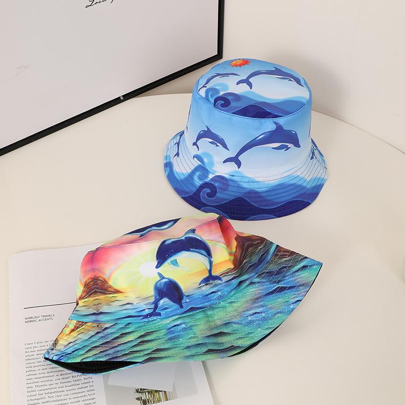 Fashion trend printed dolphin double sided fisherman hat suitable for men and women leisure travel