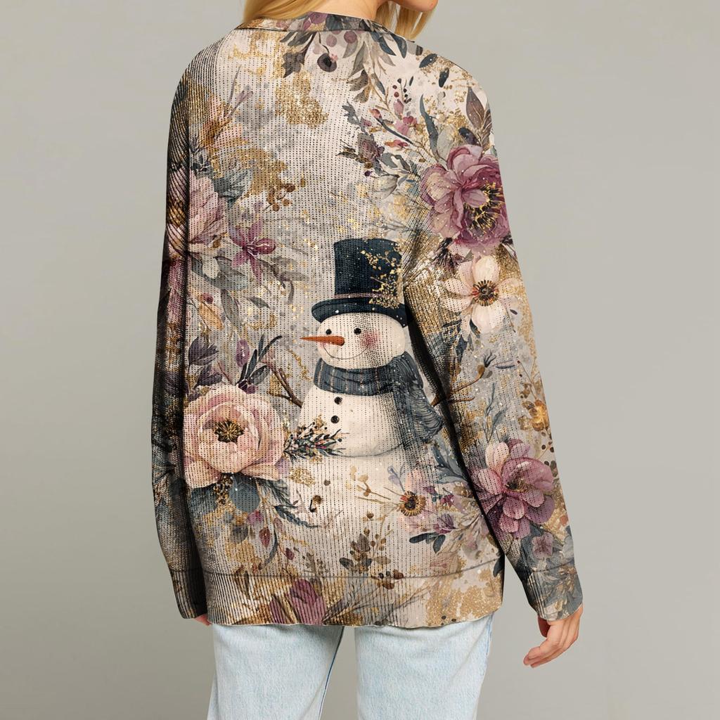 Women's Fashion Long Sleeve Print V-Neck Button Loose Cardigan Top