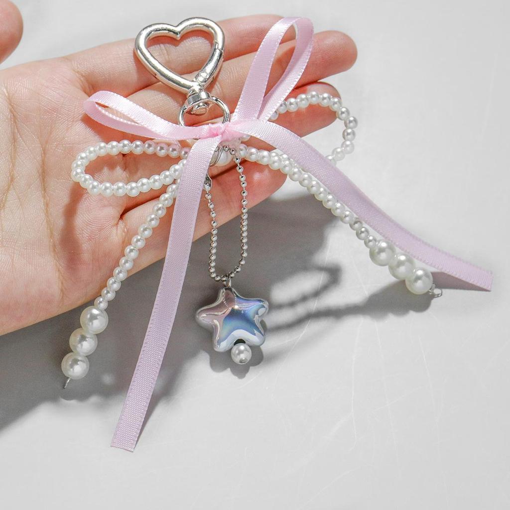 Charming White Pearl Beaded Lace Bow Keychain Bag Charm