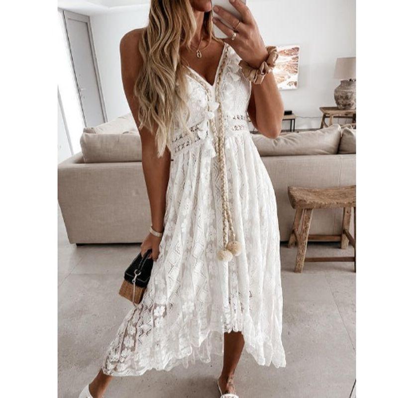 Summer New Arrival European and American Sexy V-neck Lace Cut-out Ruffled Irregular Swing Sling Dress Dress for Women