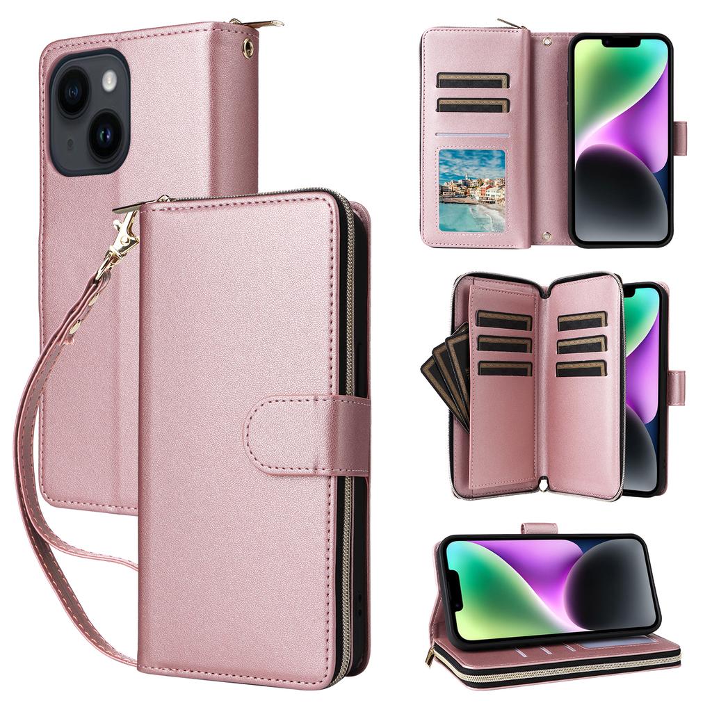 R20 For iPhone 14/13 Case Zipper Pocket Leather Phone Cover Stand View
