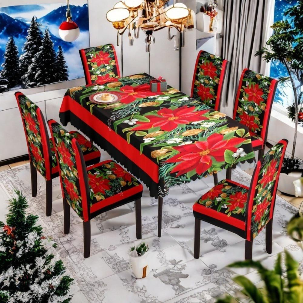 Christmas Waterproof Printed Tablecloth and Chair Covers Set Holiday Dining Decor