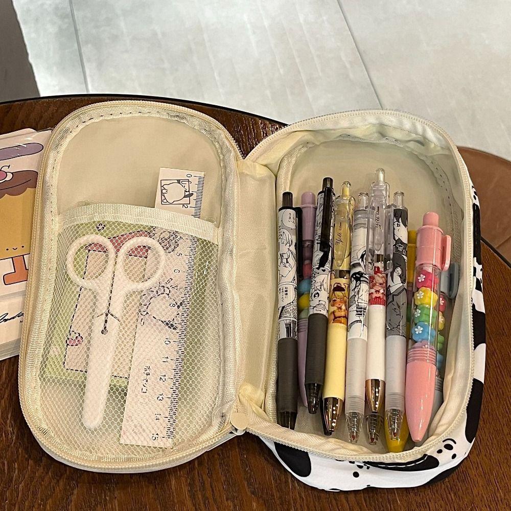 Cute Cow Patterned Pencil Case Large Capacity Cartoon Pen Bag with Zipper Gift Stationery Bag Students Supplies