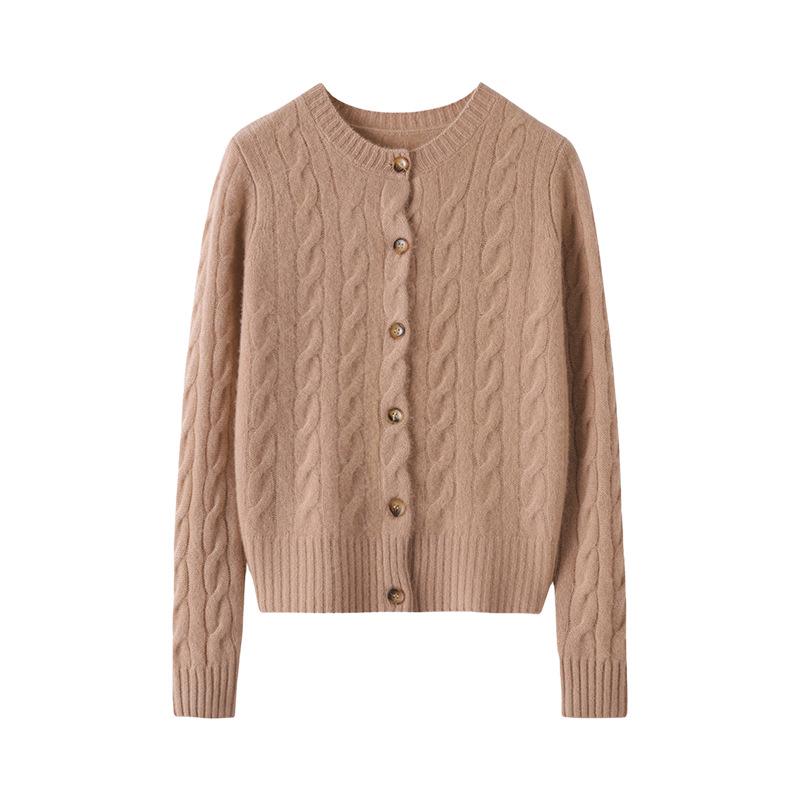 Damen Kaschmir Zopfmuster Cardigan - Rundhalsausschnitt, Langarm, Unifarben, Knopfleiste Pullovermantel für Herbst/Winter