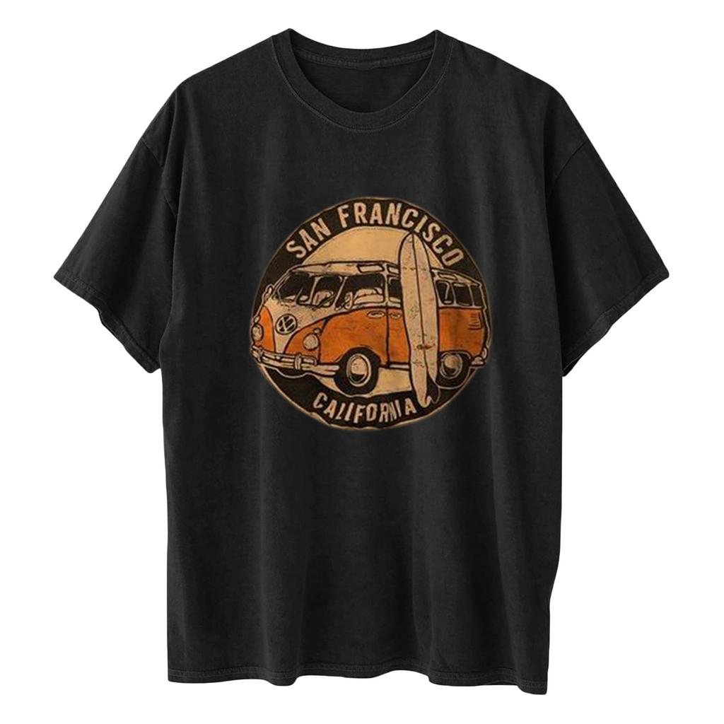 Women's Vintage Car Printed Pattern Casual Short Sleeve Tops Blouse
