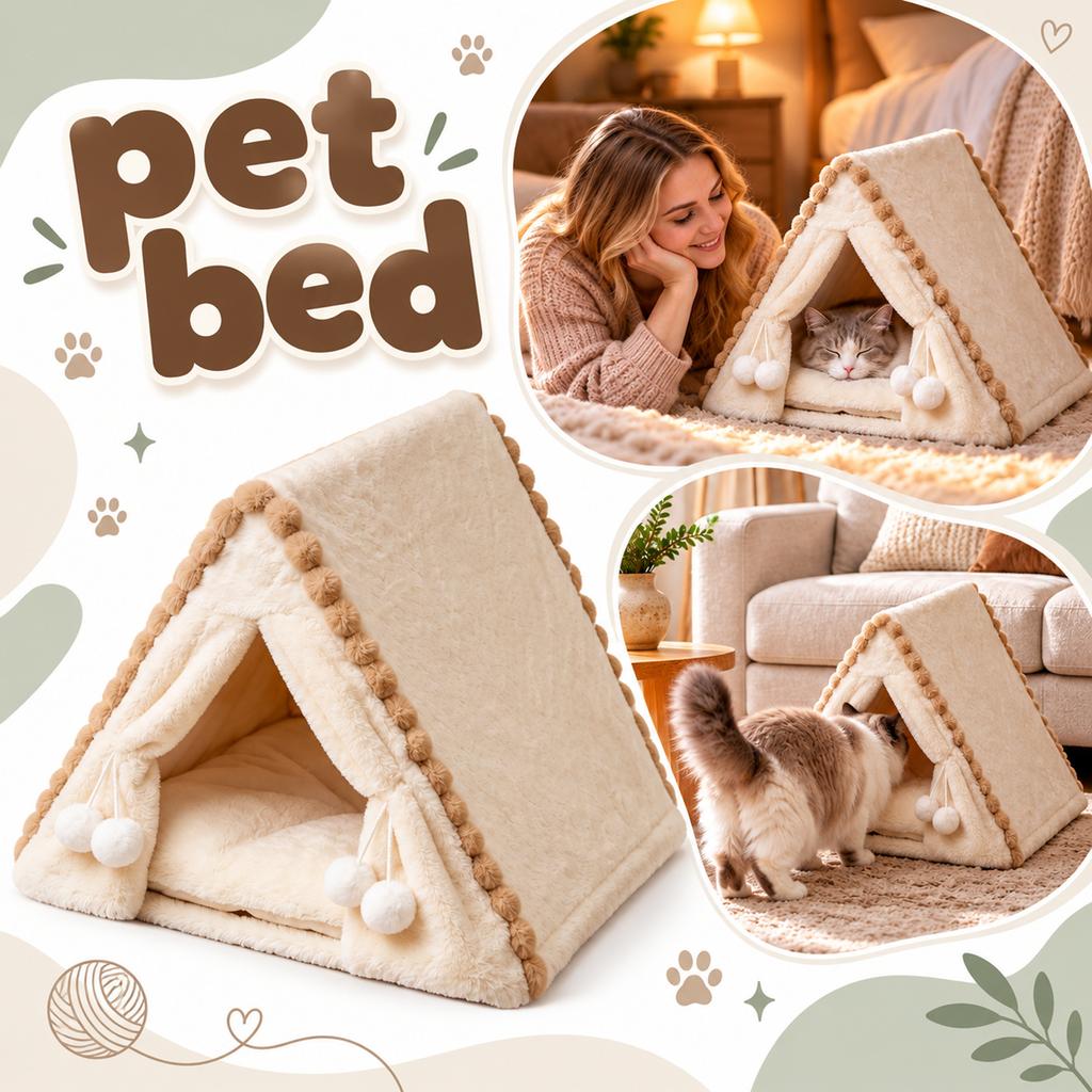 Pet Tent Bed for Small Cats and Dogs, Size S 383842 cm, Fits Up to 8.8 lb, Plush with Brown Ball