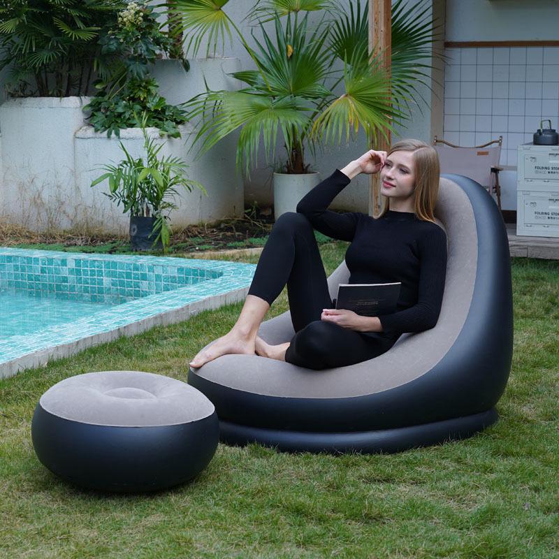 Inflatable Flocked Sofa & Footstool Set: Portable Tatami, Perfect for Lazy Naps & Camping.