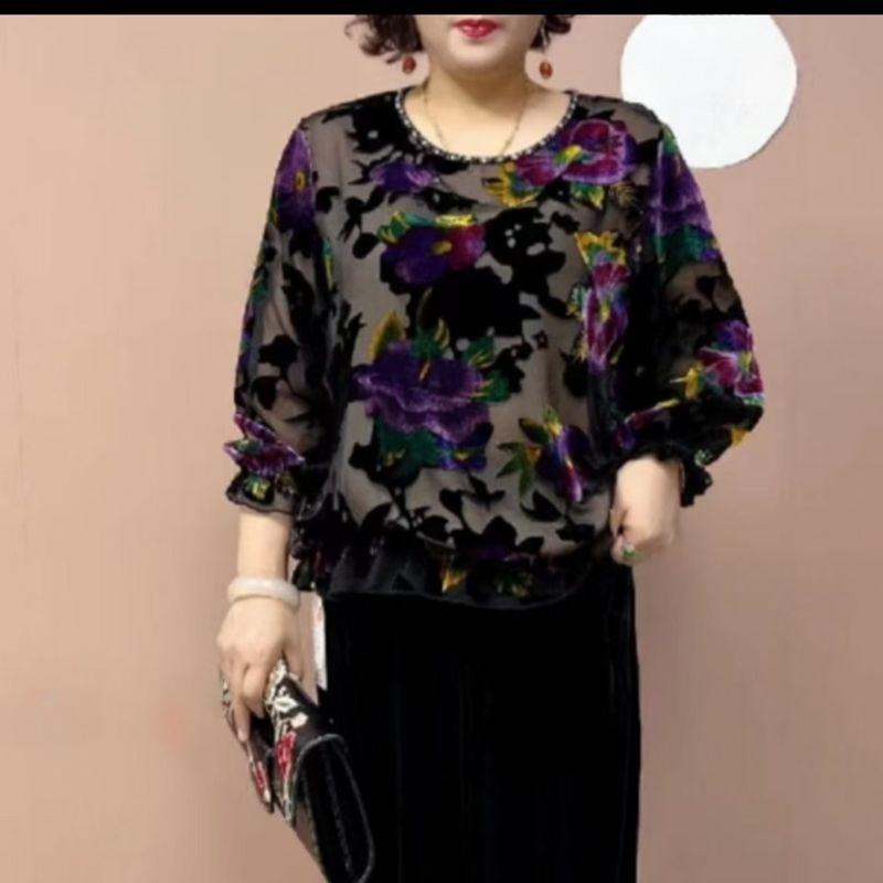 Spring and Autumn Women's Plus-Size Blouse Loose Fit Printed Silk Blouse Round Neck Floral Velvet Blouse