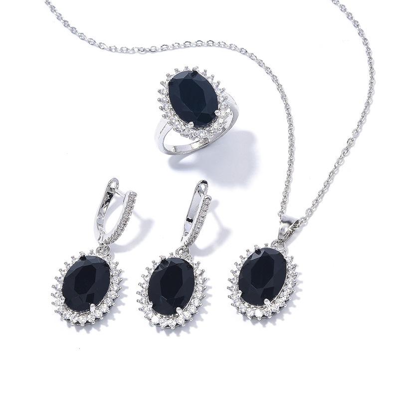 Explosive Oval Zircon Set Super Flash Ring Earrings Necklace Jewelry Set