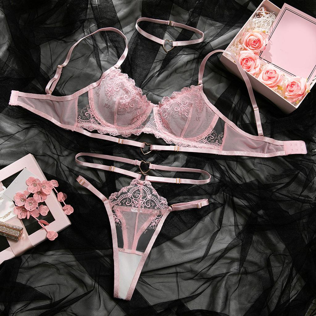 Floral Embroidery Lace Sexy Lingerie Set Women Pink Underwear Hollow Out Strap Bra And Thong Sets Ladies Transparent Erotic Sets
