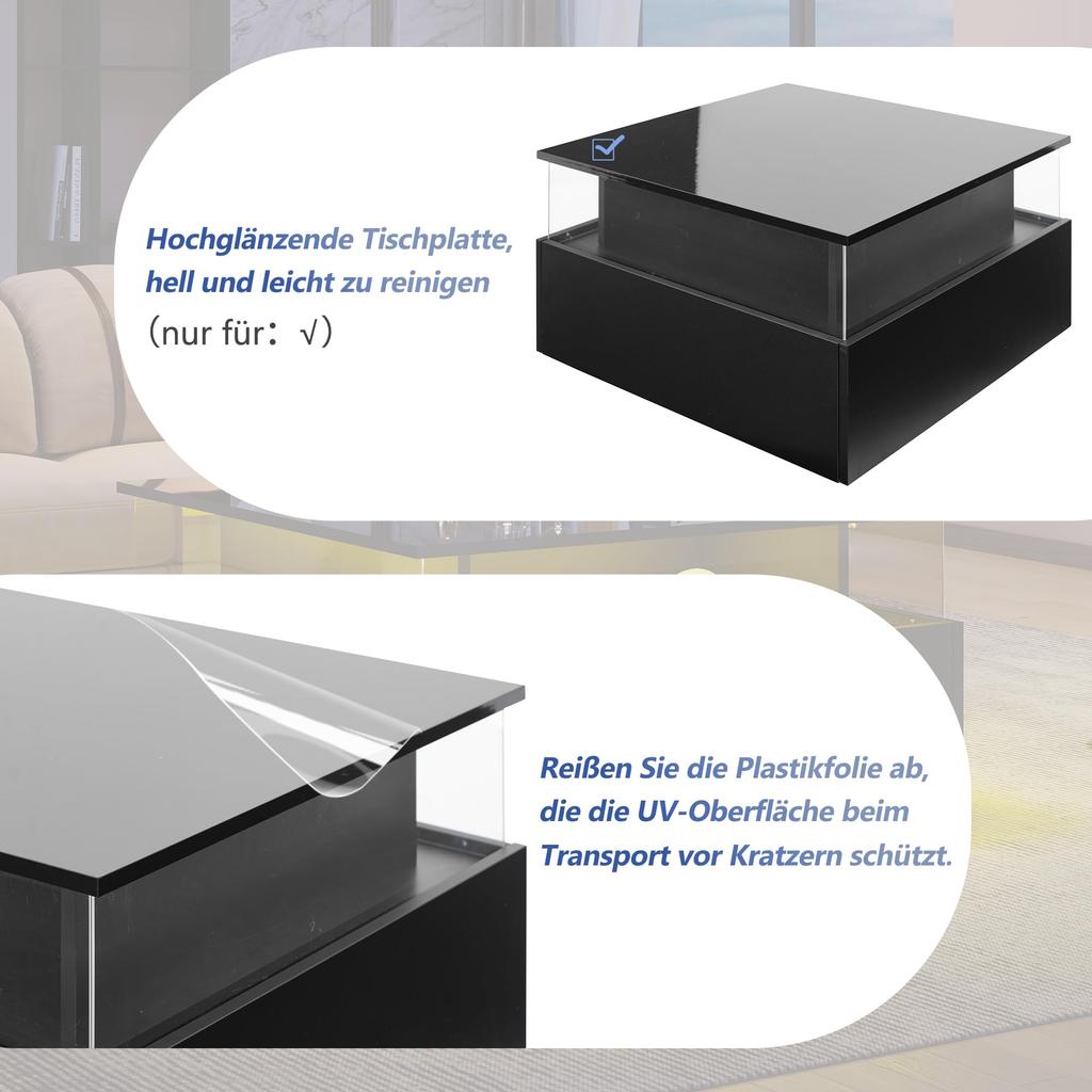 Coffee Table High Gloss Black, Square LED Lighting, Coffee Table 2 Drawers Transparent Sofa Table Side Table Tea Table Office