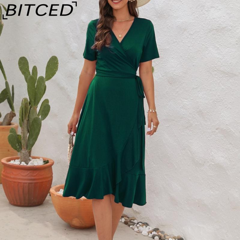 BITCED V-Neck High-Waisted Tie-Detail Dress Solid Color Long-Sleeve Short-Sleeve Dress Vacation Travel Dress
