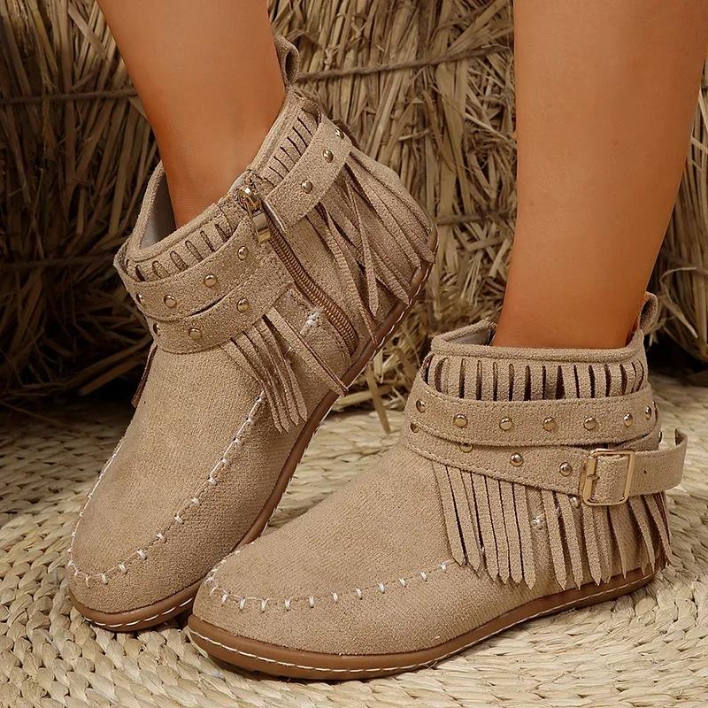 Fashion Women Winter Large Size Rivet Boots Woman Retro Ethnic Western Cowboy Boots Block Flat Heels Tassel Fringe Ankle Boots