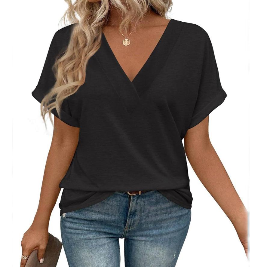 Summer V Neck Tops for Women Short Sleeve Fashion Loose Fit T Shirts Basic Tee 2025