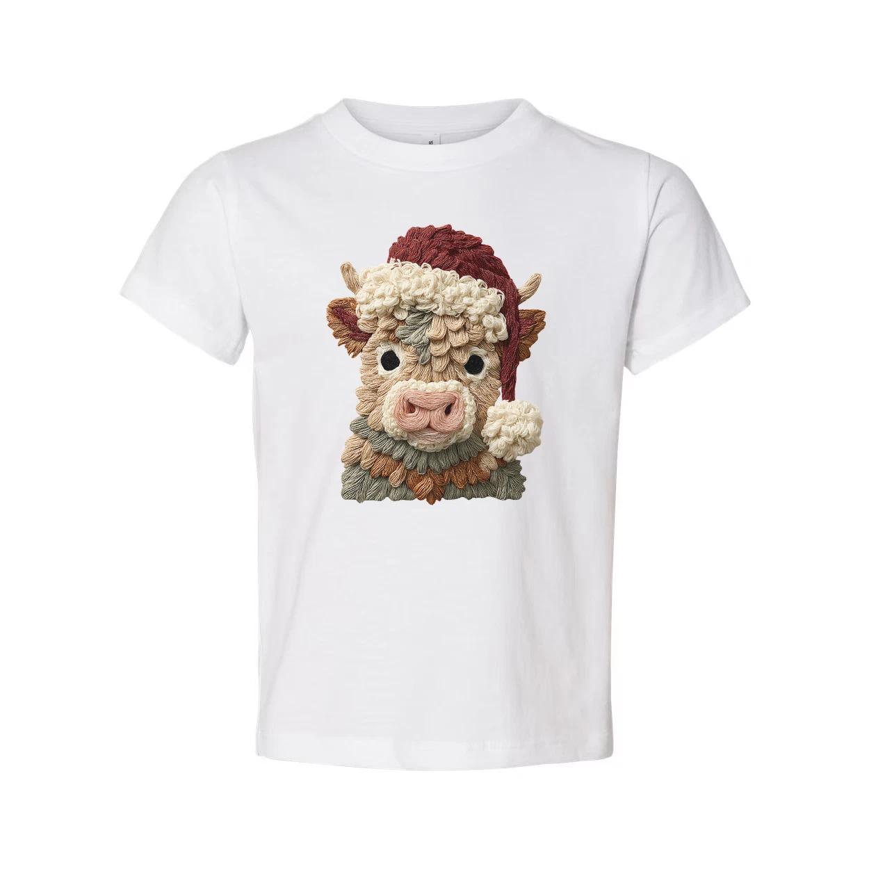 

Unisex T Shirt With Festive Knitted Bull Portrait And Santa Hat Christmas Design L