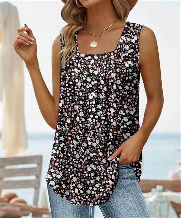 Women s Floral Print Square Neck Sleeveless Pleated Casual Tank Top S чёрный