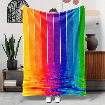 1pc Vibrant Rainbow Striped Wave Flannel Blanket - Soft, Cozy, and Lightweight for Couch, Nap, Travel, or Camping - Perfect Gift