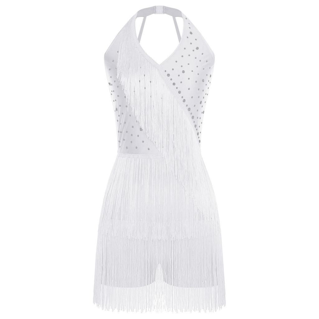 Women Dance Jumpsuit Halter Neck Sleeveless Spark Rhinestones Fringed Strappy Back Latin Dance Costume