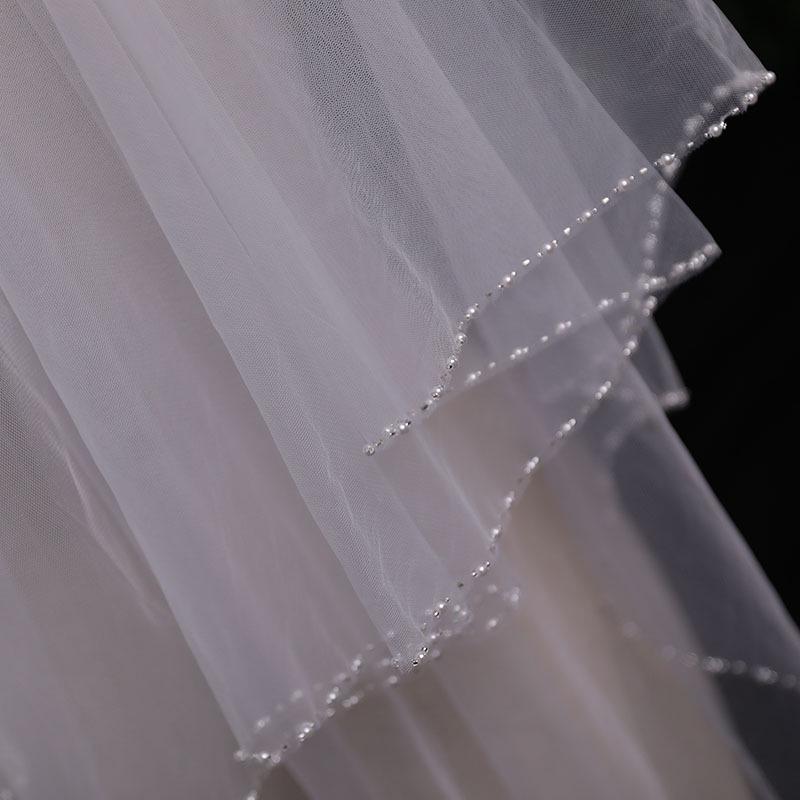 Elegantní dvouvrstvý závoj s křišťálovými korálky - Krátký svatební, svatební a cestovní krajkový tylový závoj